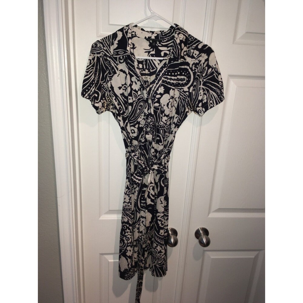 Banana Republic Women's Faux Wrap Dress Size S Black White Floral Print Stretch